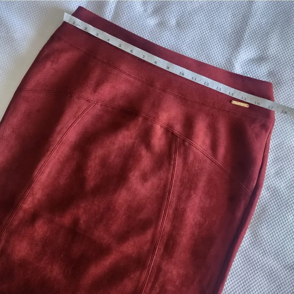 ANDREW MARC faux suede Red Pencil Skirt full control waistband dark Rust Orange